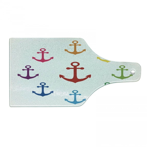 Anchor Cutting Board, Colorful in Circular Design Nautical Maritime Theme Naval Sailboat Equipment, Decorative Tempered Glass Cutting and Serving Board, Wine Bottle Shape, Multicolor, by Ambesonne