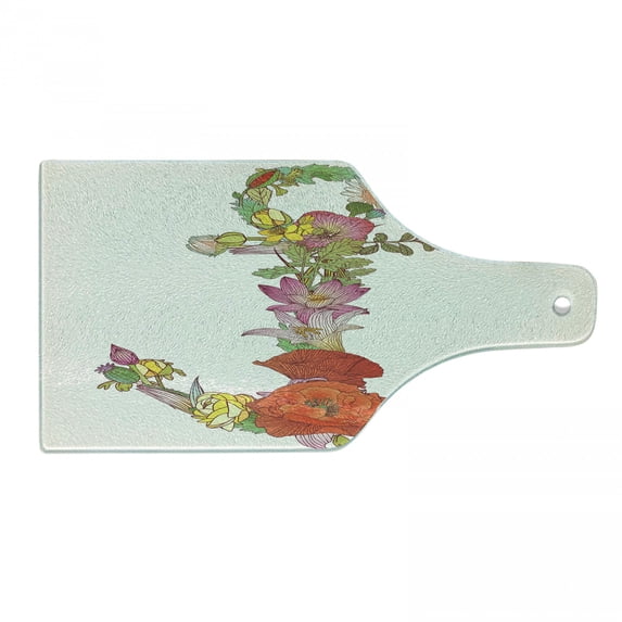 Anchor Cutting Board, Composition with Different Detailed Spring Flowers Blooming Nature and Marine Life, Tempered Glass Cutting and Serving Board, Wine Bottle Shape, Multicolor, by Ambesonne