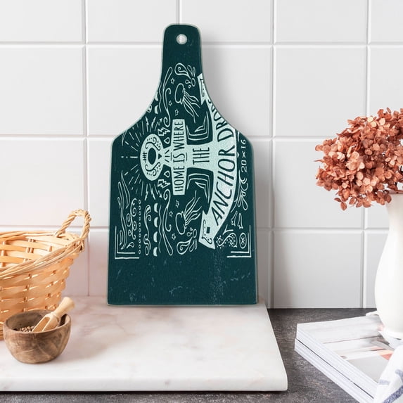 Anchor Cutting Board, Hand Drawn Hipster Design with an Anchor and Lettering on Grunge Background, Tempered Glass Cutting and Serving Board, Wine Bottle Shape, Dark Blue White, by Ambesonne