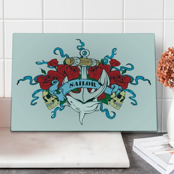 Anchor Cutting Board, Anchor Head Bones Skeleton Roses Bouquet Dolphin Wildlife Danger Traveling, Decorative Tempered Glass Cutting and Serving Board, Large Size, Red Blue Sand Brown, by Ambesonne