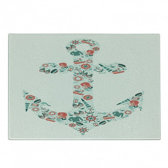 Anchor Cutting Board, Nautical Shape with Binoculars Captain Hat Compass Mermaids, Decorative Tempered Glass Cutting and Serving Board, Small Size, Seafoam Coral Teal, by Ambesonne