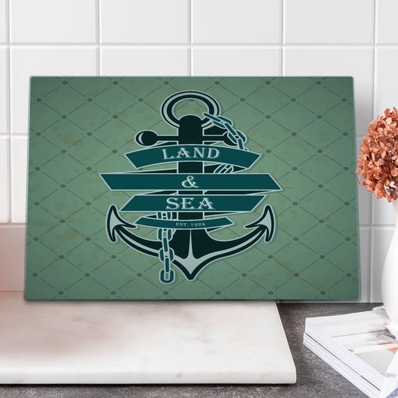 Anchor Cutting Board, Nautical Themed with Land and Sea Text on Rhomb Check, Decorative Tempered Glass Cutting and Serving Board, in 3 Sizes, by Ambesonne