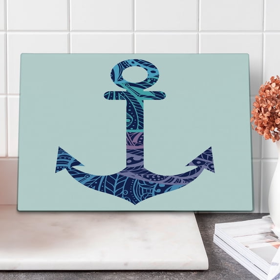 Anchor Cutting Board, Patterned Anchor Image Marine Elements Soul Emblem Oceanic Art Print, Decorative Tempered Glass Cutting and Serving Board, Large Size, Purple and Blue, by Ambesonne