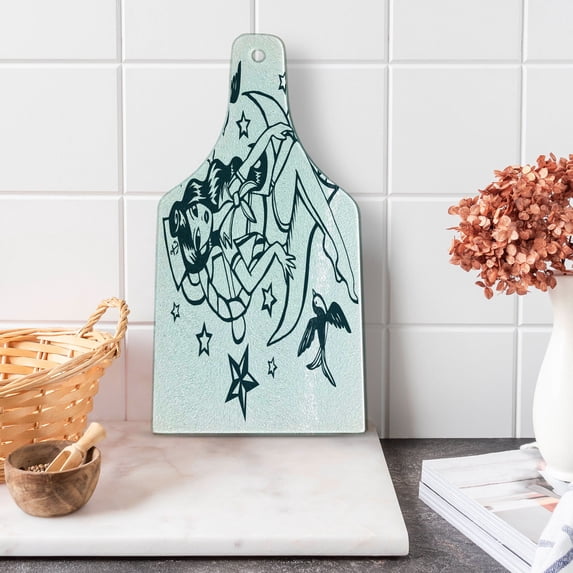 Anchor Cutting Board, Pin-up Girl Nautical Sailor Suit Surrounded by Swallow Birds Stars Hand Drawn, Tempered Glass Cutting and Serving Board, Wine Bottle Shape, Teal and White, by Ambesonne