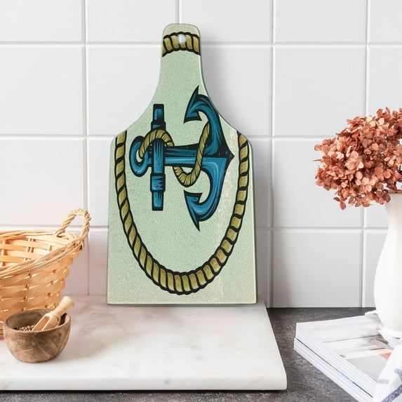 Anchor Cutting Board, Sailor Design Circular Rope and Marine Motif Antique Maritime Nautical, Tempered Glass Cutting and Serving Board, Wine Bottle Shape, Pale Coffee Blue Cream, by Ambesonne