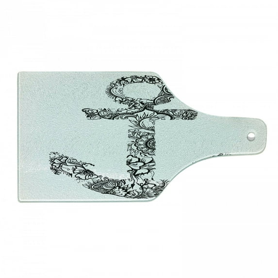 Anchor Cutting Board, Anchor Shape Flower Floral Ornamental Silhouette Vacation Old Times Happiness Print, Tempered Glass Cutting and Serving Board, Wine Bottle Shape, Black White, by Ambesonne
