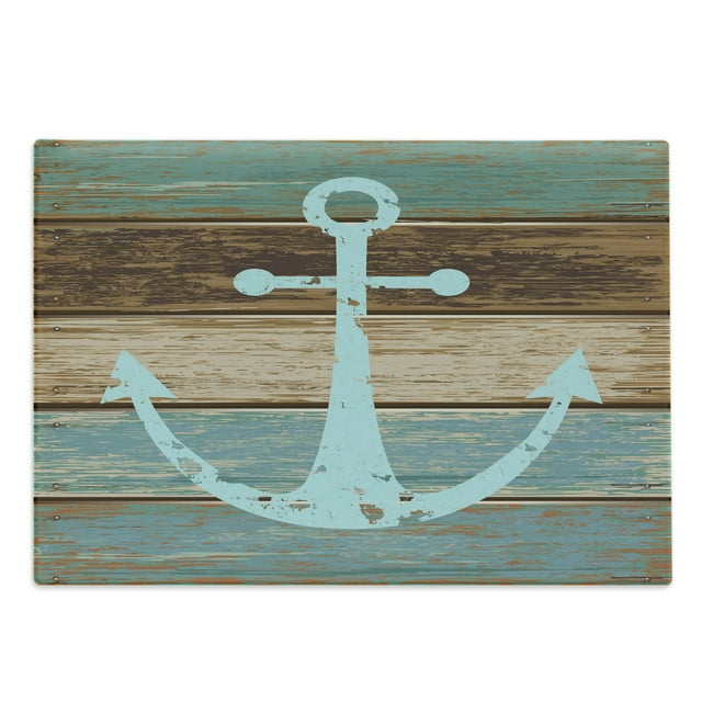 Anchor Cutting Board, Timeworn Marine on Weathered Wooden Planks Rustic Nautical Theme Pattern, Decorative Tempered Glass Cutting and Serving Board, Large Size, Teal Brown, by Ambesonne