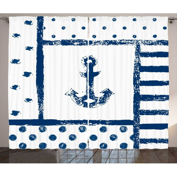 Ambesonne Anchor Curtains 2 Panel Set, Grunge Boat Navy Theme, 108" x 90", Dark Blue White