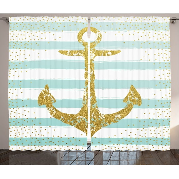 Ambesonne Vintage Curtains 2 Panel Set, Marine Golden Anchor, 108" x 84", Pale Blue White