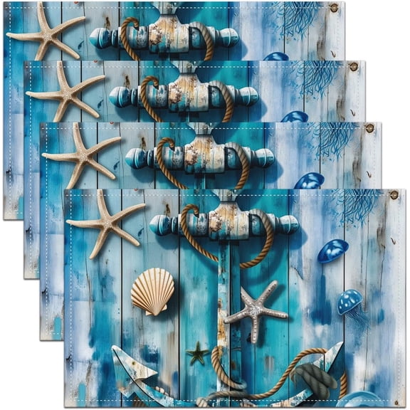 Anchor Decor Placemats Set of 4, Nautical Themed Table Mats, Starfish Seashell Conch Place Mat for Kitchen Dining Table Party Decor Indoor Outdoor 18"x12" Non-Slip Easy to Clean Ocean