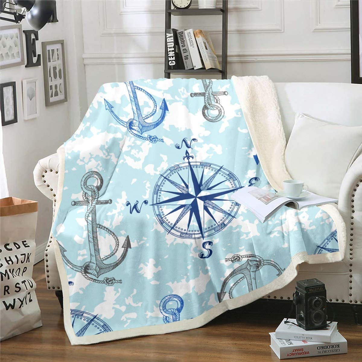 Anchor Decor Sherpa Blanket Nautical Compass Blanket for Bed Couch