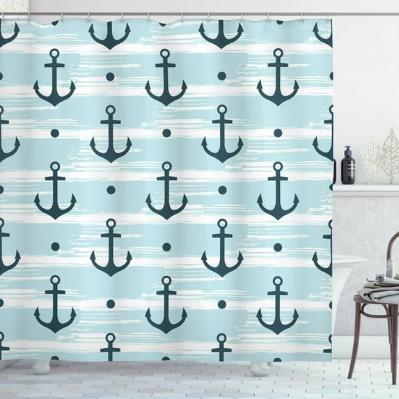 Anchor Decor Shower Curtain Set, Pattern With Anchors Modern Stylized Adventurous Striped Trendy Coastline Fun, Bathroom Accessories, 69W X 70L Inches, By Ambesonne