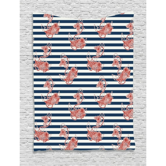 Anchor Decor Wall Hanging Tapestry, Floral Anchor On Striped Pattern Surface Crescent Moon Cute Modern Spiritual Theme, Bedroom Living Room Dorm Accessories, By Ambesonne