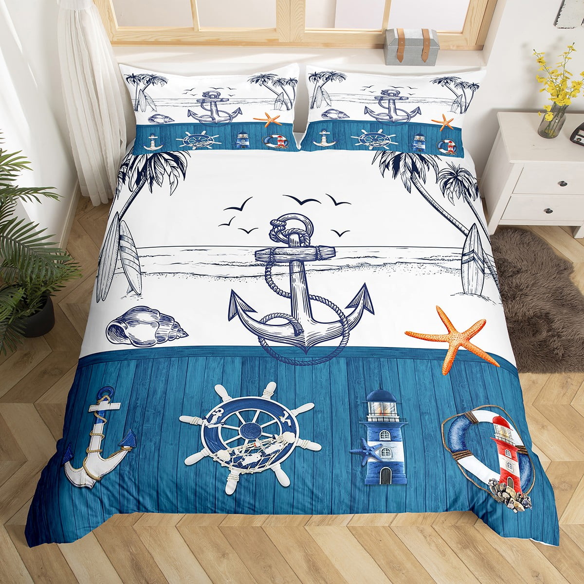 Anchor Duvet Cover for Kids Boys Girls,Tropical Palm Ocean Bedding Set