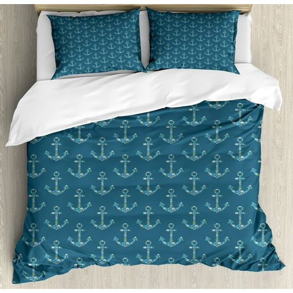 Anchor Duvet Cover Set, Anchors with Maritime Fishes Underwater Sea Animals, Decorative 3 Piece Bedding Set with 2 Pillow Shams, King Size, Petrol Blue Sky Blue, by Ambesonne