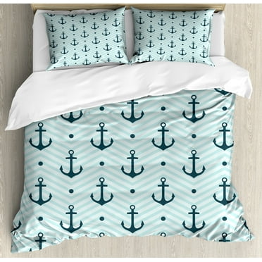Anchor Duvet Cover Set, Anchors Zigzag Chevron Background Abstract Waves Monochromic Work of Art, Decorative 3 Piece Bedding Set with 2 Pillow Shams, Calking Size, Dark Green Turquoise, by Ambesonne