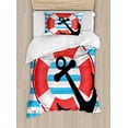 thumbnail image 1 of Anchor Duvet Cover Set, Blue Striped Backdrop with Life and Anchor Aboard Travel Protection, Decorative 2 Piece Bedding Set with 1 Pillow Shams, Twin Size, Sky Blue Red Black, by Ambesonne, 1 of 3