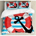 thumbnail image 1 of Anchor Duvet Cover Set, Blue Striped Backdrop with Life and Anchor Aboard Travel Protection, Decorative 3 Piece Bedding Set with 2 Pillow Shams, Queen Size, Sky Blue Red Black, by Ambesonne, 1 of 3