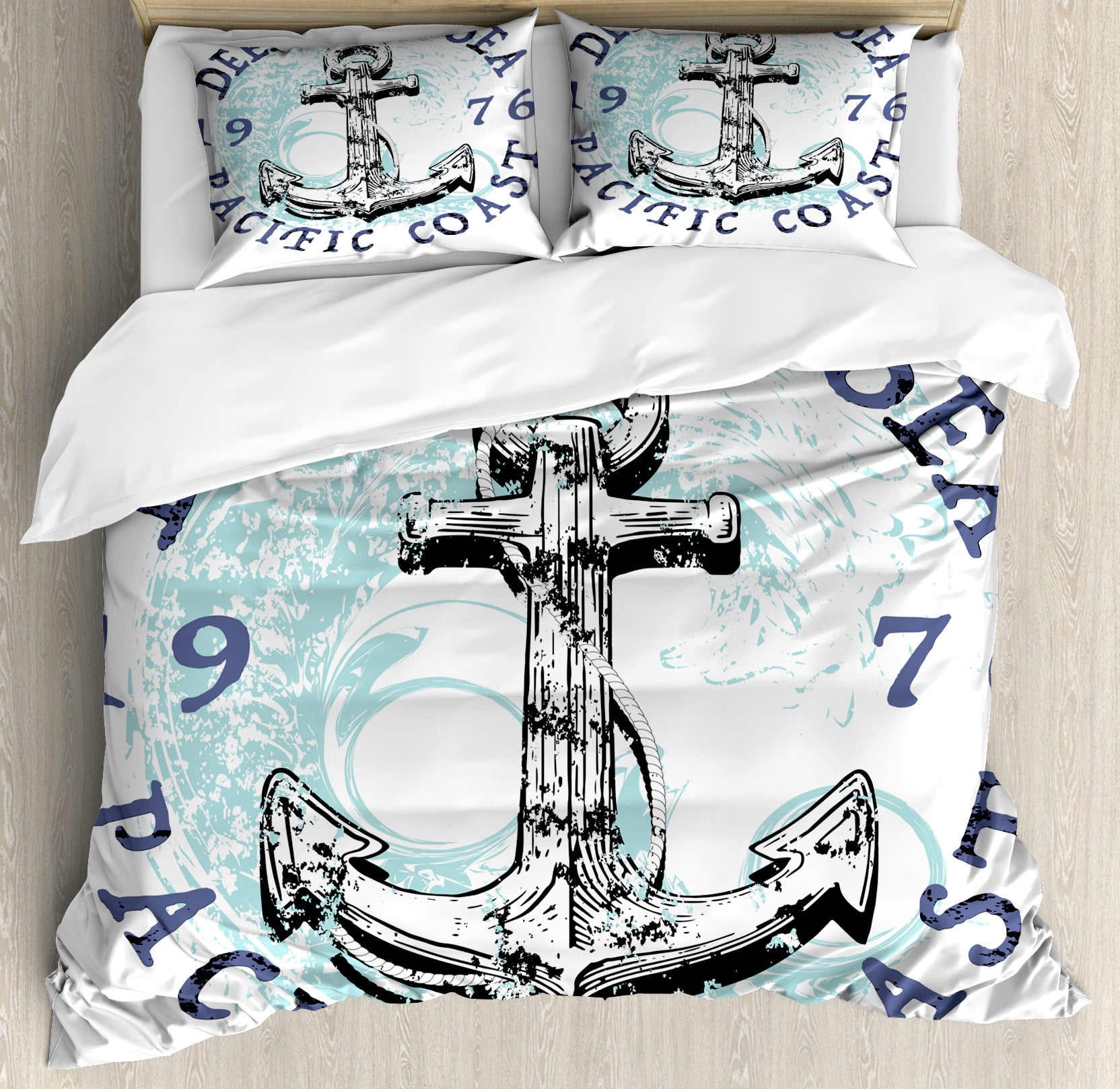 Anchor Duvet Cover Set, Deep Blue Sea Pacific Coast Vintage Emblem from