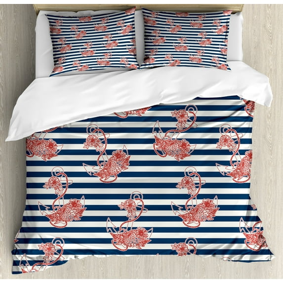 Anchor Duvet Cover Set, Floral Anchor on Striped Surface Crescent Moon Modern Theme Art, Decorative 3 Piece Bedding Set with 2 Pillow Shams, King Size, White Blue and Red, by Ambesonne