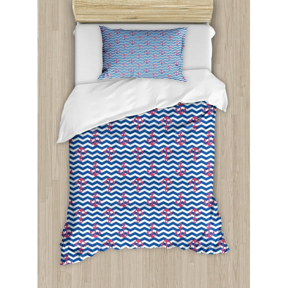 Anchor Duvet Cover Set, Geometric Design with Anchors Silhouettes on Zigzag Lines Wavy Background, Decorative 2 Piece Bedding Set with 1 Pillow Shams, Twin Size, Blue Dark Coral White, by Ambesonne