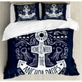 thumbnail image 1 of Anchor Duvet Cover Set, Hand Drawn Hipster Design with an Anchor and Lettering on Grunge Background, Decorative 3 Piece Bedding Set with 2 Pillow Shams, Calking Size, Dark Blue White, by Ambesonne, 1 of 3