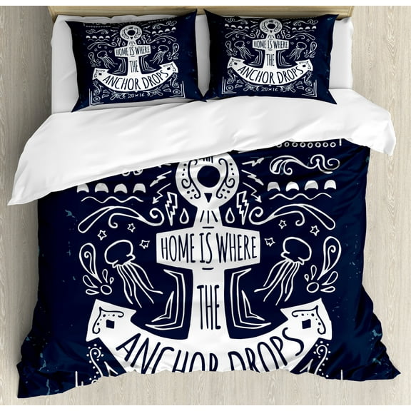 Anchor Duvet Cover Set, Hand Drawn Hipster Design with an Anchor and Lettering on Grunge Background, Decorative 3 Piece Bedding Set with 2 Pillow Shams, Calking Size, Dark Blue White, by Ambesonne