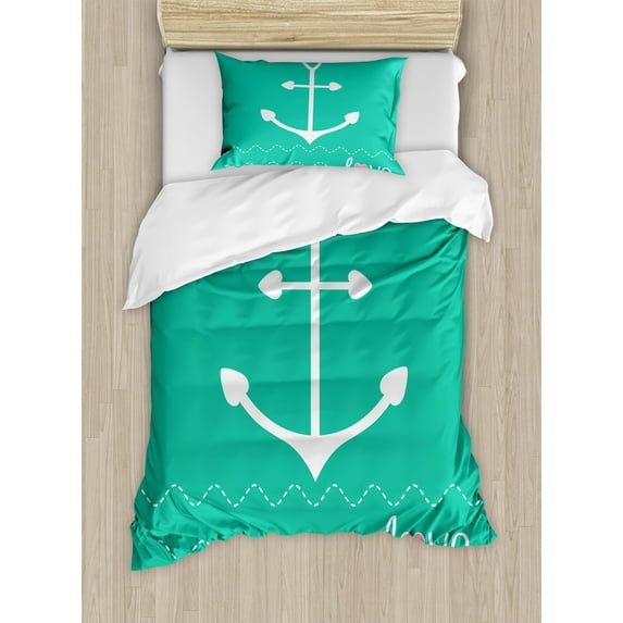 Anchor Duvet Cover Set, Anchor Heart Shapes and Wavy Lines on the Bottom Sailor Love Loyalty Romance, Decorative 2 Piece Bedding Set with 1 Pillow Shams, Twin Size, Green Pink White, by Ambesonne