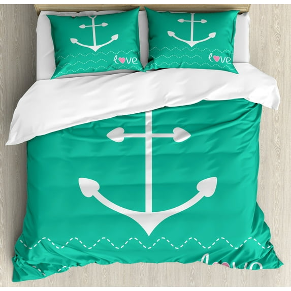 Anchor Duvet Cover Set, Anchor Heart Shapes and Wavy Lines on the Bottom Sailor Love Loyalty Romance, Decorative 3 Piece Bedding Set with 2 Pillow Shams, King Size, Green Pink White, by Ambesonne