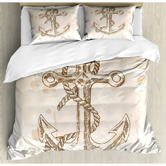 Anchor Duvet Cover Set, Illustration of Anchor and on Stained Background Navy Summer Holiday Print, Decorative 3 Piece Bedding Set with 2 Pillow Shams, King Size, Brown Cream, by Ambesonne