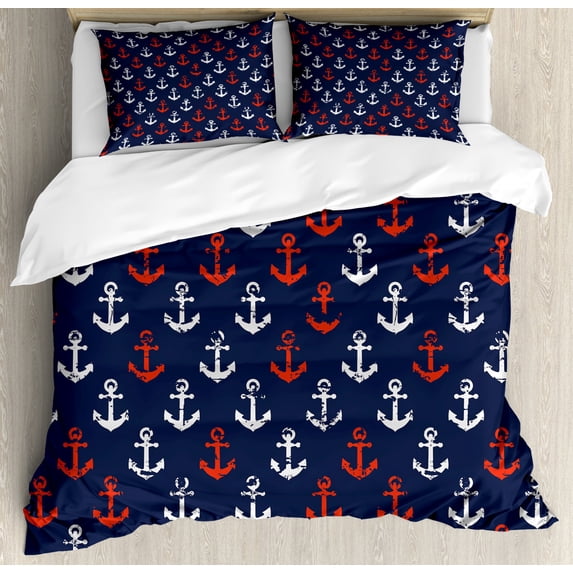 Anchor Duvet Cover Set King Size, Abstract Sea Theme with Grunge Display Worn Looking Marine Icons, Decorative 3 Piece Bedding Set with 2 Pillow Shams, Dark Blue White Vermilion, by Ambesonne