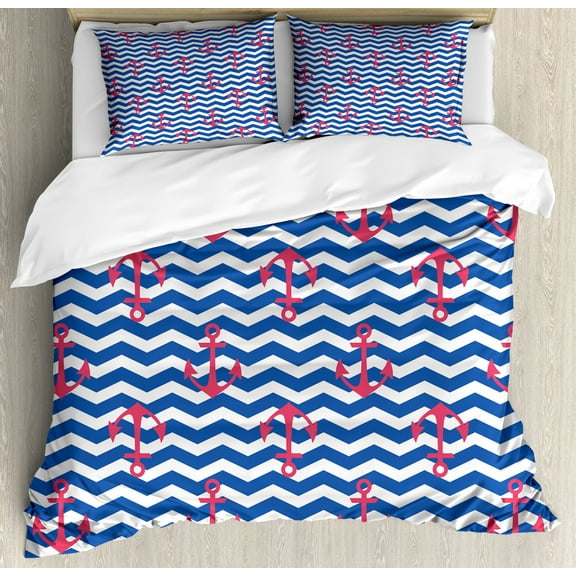 Anchor Duvet Cover Set King Size, Geometric Nautical Design with Zigzag Wavy Backdrop Travel Coastal, Decorative 3 Piece Bedding Set with 2 Pillow Shams, Violet Blue Dark Coral White, by Ambesonne