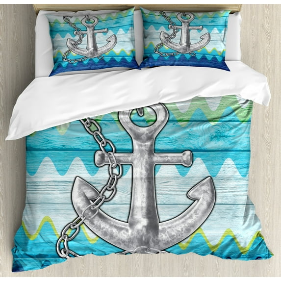 Anchor Duvet Cover Set King Size, Nautical Themed Anchor with Chains Motif on Colorful Chevron Zigzags Background, Decorative 3 Piece Bedding Set with 2 Pillow Shams, Multicolor, by Ambesonne