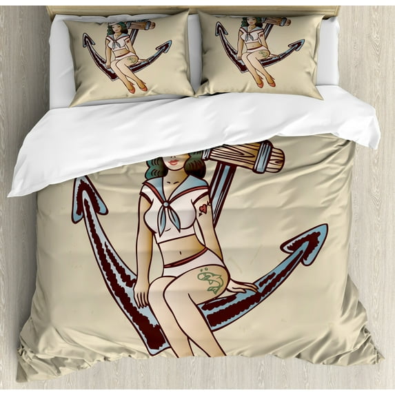 Anchor Duvet Cover Set King Size, Pinup Girl with Sailor Outfit Shark and Heart Tattoo Vintage Twenties Illustration, Decorative 3 Piece Bedding Set with 2 Pillow Shams, Multicolor, by Ambesonne