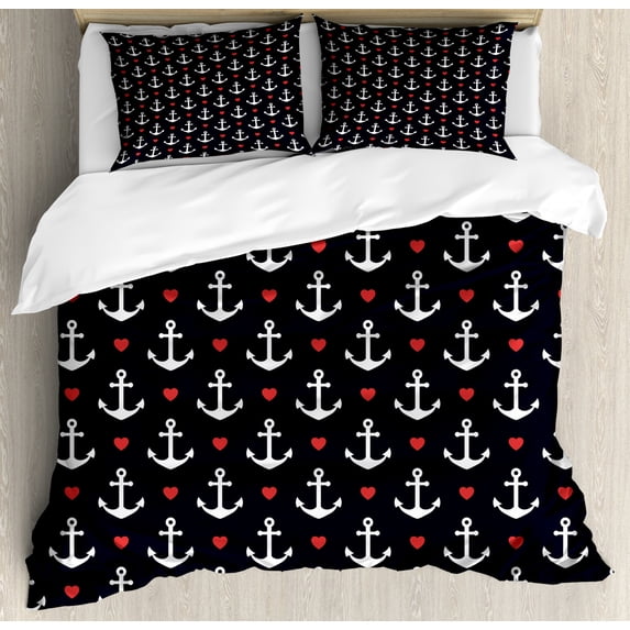 Anchor Duvet Cover Set King Size, Romantic Cruise Trip Pattern Little Hearts Vacation Sailor Love the Sea, Decorative 3 Piece Bedding Set with 2 Pillow Shams, Black Vermilion White, by Ambesonne