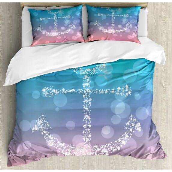 Anchor Duvet Cover Set King Size, Starry Fairy Anchor with Bubbles on Abstract Blurry Scenery Marine Element Artprint, Decorative 3 Piece Bedding Set with 2 Pillow Shams, Pink Blue, by Ambesonne