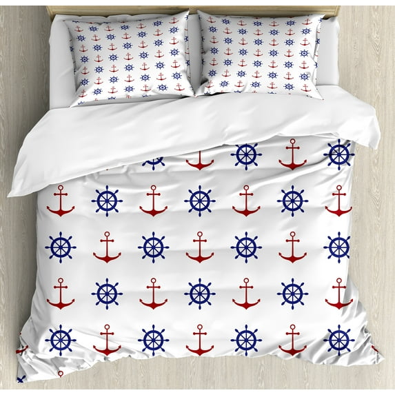 Anchor Duvet Cover Set, Maritime Design Anchors and Ship Wheels on the White Background Art Print, Decorative 3 Piece Bedding Set with 2 Pillow Shams, King Size, Navy Blue and Ruby, by Ambesonne