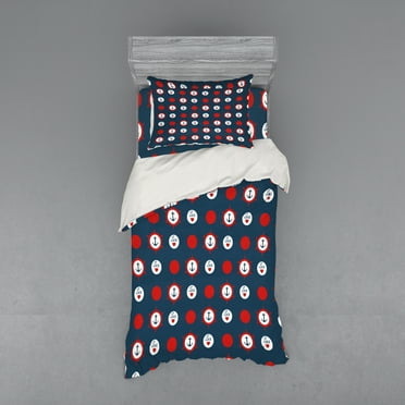 Anchor Duvet Cover Set, Nautical Pattern with Steering Wheels Big Red Polka Dots Hearts Sea Love, Bedding Set with Shams and Fitted Sheet, 3 Sizes, by Ambesonne