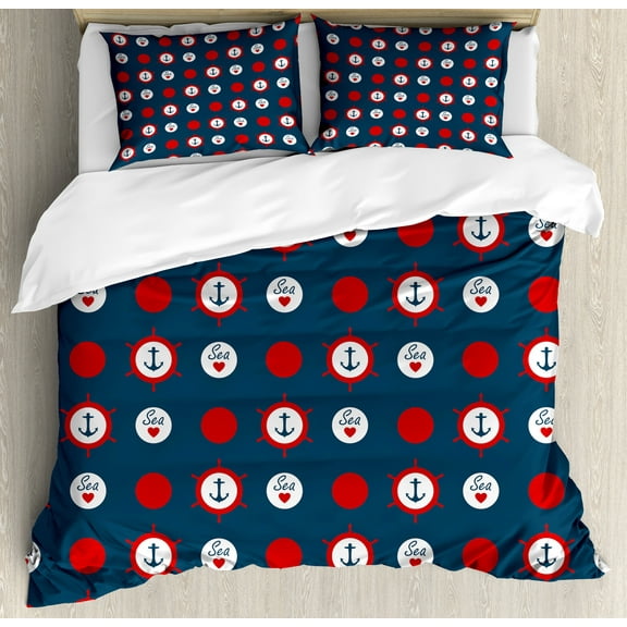 Anchor Duvet Cover Set, Nautical Pattern with Steering Wheels Big Red Polka Dots Hearts Sea Love, Decorative 3 Piece Bedding Set with 2 Pillow Shams, Queen Size, Night Blue Vermilion, by Ambesonne