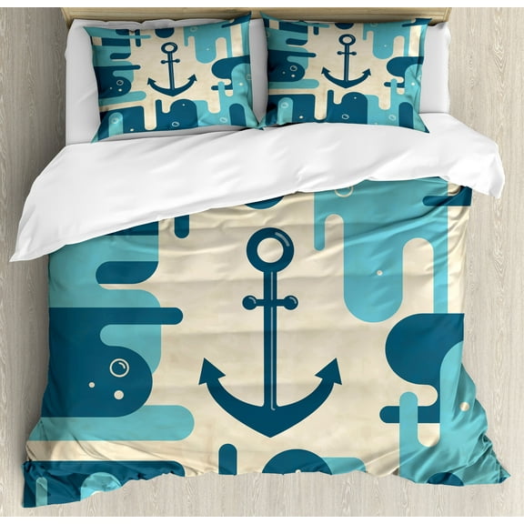Anchor Duvet Cover Set, Nautical Sea Inspired Abstract Design with Bubble Like Shapes Retro, Decorative 3 Piece Bedding Set with 2 Pillow Shams, King Size, Cream Dark Blue, by Ambesonne
