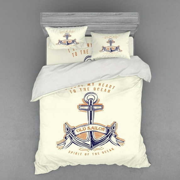 Anchor Duvet Cover Set, Old Sailor Spirit Sign Firmly Anchored to the Ocean Image in Vintage Style, Bedding Set with Shams and Fitted Sheet, 3 Sizes, by Ambesonne
