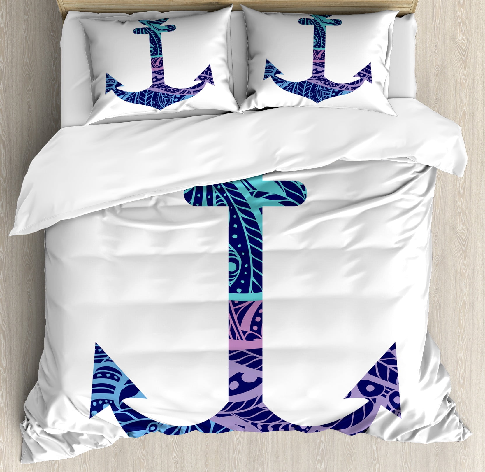 Queen Size Purple and Blue Anchor Duvet Cover Set