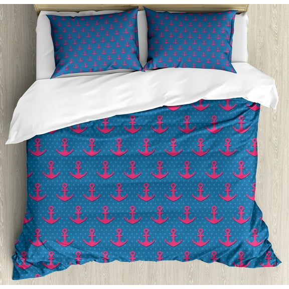 Anchor Duvet Cover Set, Pink on Blue Polka Dotted Background Retro Nautical Pattern Print, Decorative 3 Piece Bedding Set with 2 Pillow Shams, Queen Size, Magenta Violet Blue, by Ambesonne