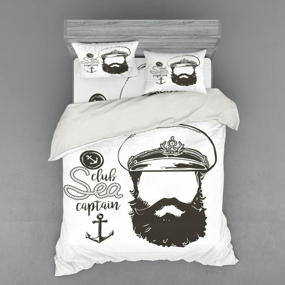 Anchor Duvet Cover Set, Portrait of a Faceless Captain with Hat and Beard Seaman Character Illustration, Bedding Set with Shams and Fitted Sheet, 3 Sizes, by Ambesonne