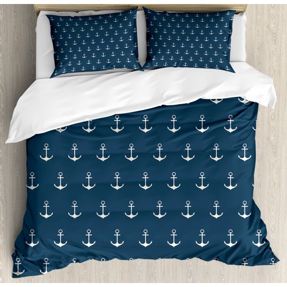 Anchor Duvet Cover Set Queen Size, Nautical Pattern with Classic Colors and Anchors Simplistic Design Sailor Ship Print, Decorative 3 Piece Bedding Set with 2 Pillow Shams, Blue White, by Ambesonne