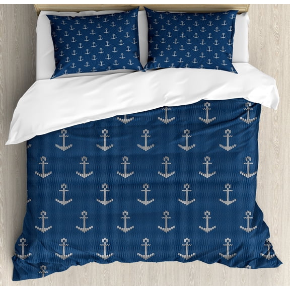 Anchor Duvet Cover Set Queen Size, Nordic Knitwear Theme Retro Scandinavian Winter Fashion Pattern Hipster Oceanic, Decorative 3 Piece Bedding Set with 2 Pillow Shams, Blue White, by Ambesonne