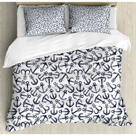 Anchor Duvet Cover Set Queen Size, Ships Anchors Randomly Scattered Over White Background Retro Style Maritime, Decorative 3 Piece Bedding Set with 2 Pillow Shams, Dark Blue White, by Ambesonne