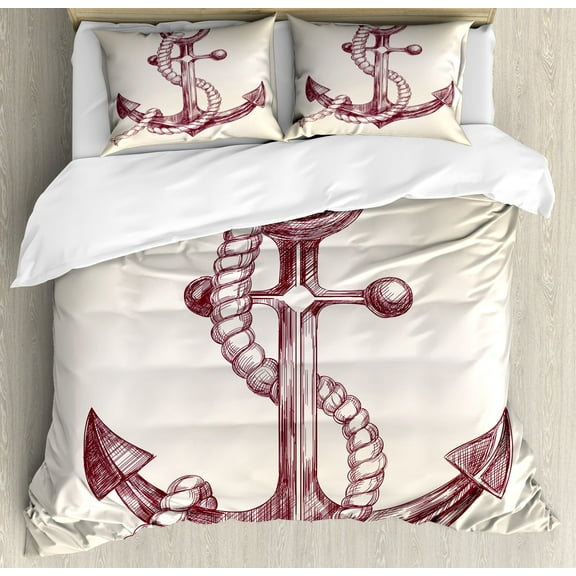 Anchor Duvet Cover Set, Realistic Hand Drawn Sketch Marine Vintage Design Sails Yacht Boat Cruise, Decorative 3 Piece Bedding Set with 2 Pillow Shams, King Size, Dark Mauve Cream, by Ambesonne