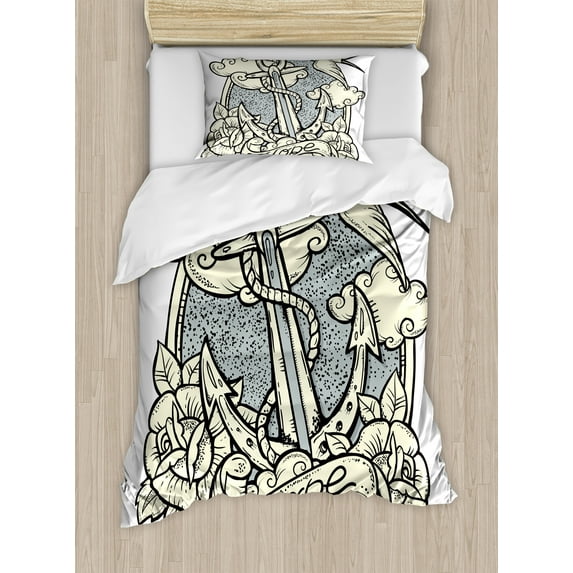 Anchor Duvet Cover Set, Anchor and Roses Antique Monochrome Clouds Bird Wings Old Style Sketching Print, Decorative 2 Piece Bedding Set with 1 Pillow Shams, Twin Size, Eggshell Grey, by Ambesonne