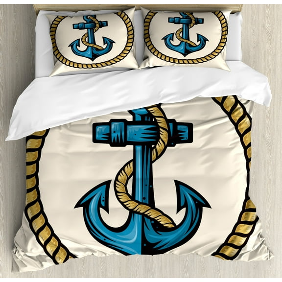 Anchor Duvet Cover Set, Sailor Design Circular and Marine Motif Antique Maritime Nautical, Decorative 3 Piece Bedding Set with 2 Pillow Shams, Calking Size, Pale Coffee Blue Cream, by Ambesonne